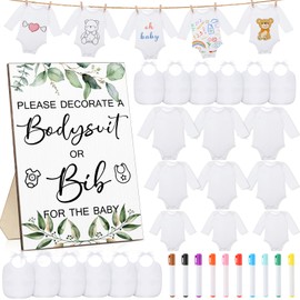Hoosige 43 Pcs Baby Shower Games White Baby Bodysuit Decorating Kit Bibs Design Games Prizes, Include Wooden Game Sign with 15 Blank White Bibs 15 Newborn Bodysuit 12 Marker for Baby Shower