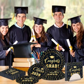 Black and Gold Graduation Paper Plates and Napkins Serve 50, Polka Dots Graduation Decorations Class of 2025 Congrats Grad Decorations for College High School Graduation Party Supplies