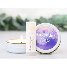 Gift Set - Lavender Haze Scented Candle champagne problems lip balm chapstick -Stocking Stuffer Small Merch Swag Christmas or Birthday gifts women