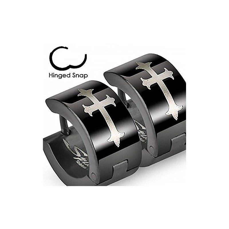 Folding Creole Earrings Cross Black Men Women Stainless Steel Cross