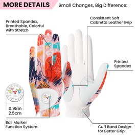 LOVMEAD Women's Golf Glove Golf Gloves Leather with Ball Marker All Weather Left Right Hand Pair, Women's Golf Gloves Rain Grip Weathersof Non-Slip Sports (Orange, S)