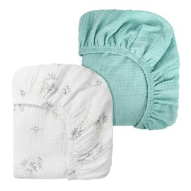 Peepeemax Muslin Cotton Fitted Sheet 80 x 40 cm, Pram Fitted Sheet Bassinet Mattress Cover for Moses Basket, Baby Bed and Side Bed for Boys and Girls, Pack of 2, Green