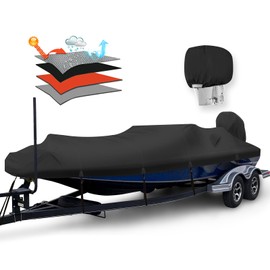 HAHASOLE Heavy Duty 1200D PU Waterproof Boat Cover, 16'-18.5' Trailerable Marine Grade Polyester Canvas, Fits 16-18.5ft V-Hull, Bass Boat, Runabout, Fishing Boat, Ski Boat with Tightening Strap, Black