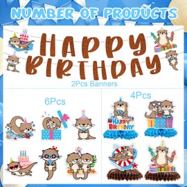 Lovarywow Otter Birthday Party Decorations - 12PCS Sea Otter Party Decorations Happy Birthday Banners Hanging Swirls Honeycomb Centerpieces Under the Sea Ocean Animal Themed Supplies Decor