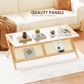 Bamworld Rattan Coffee Table Mid-Century Modern Coffee Table BambooTable with Glass Top for Living Room Office