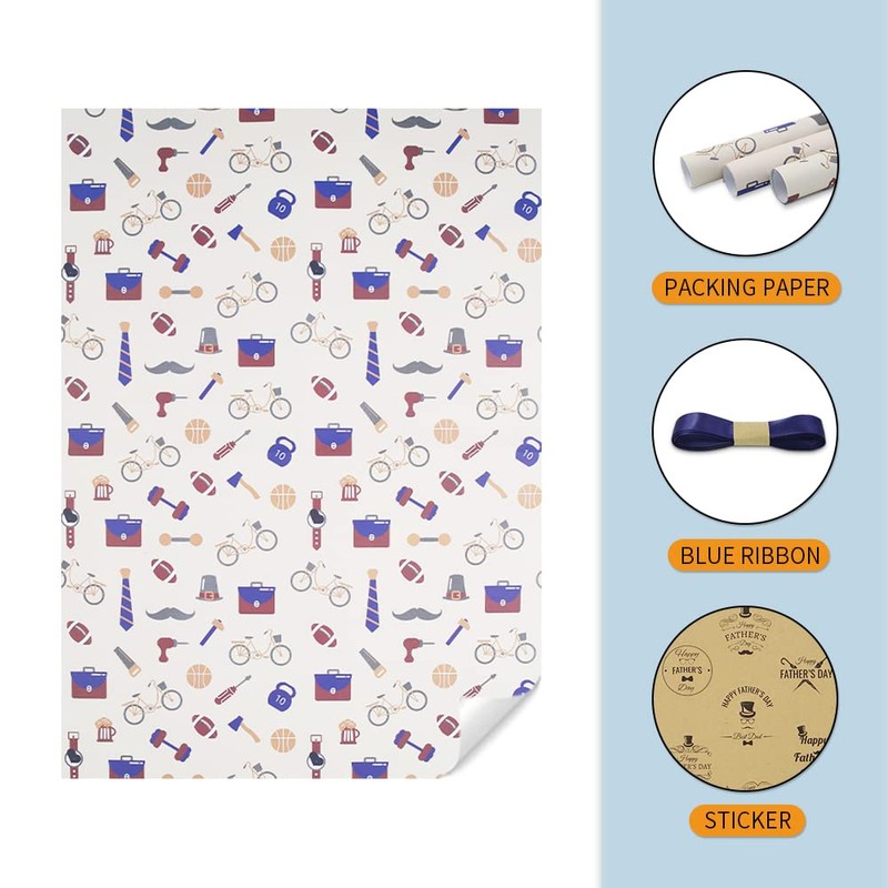 Fathers Day Gift Wrap Wrapping Paper with Ribbon and Stickers,
