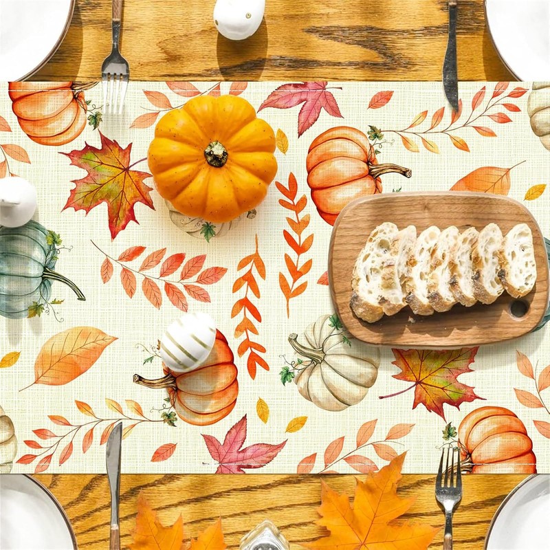 FurniGift Pumpkin Buffalo Plaid Fall Table Runner, Fall Maple Leaves