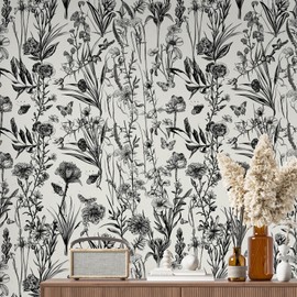 NEKOKOYA Black and White Wallpaper Floral Peel and Stick Wallpaper Vintage Dark Floral Contact Paper 17.7"x118" Flower Removable Self Adhesive Decorative Wall Paper for Bathroom Cabinets