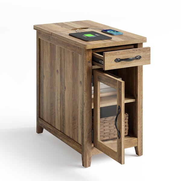 LINSY HOME Farmhouse End Table with Charging Station, Narrow Side