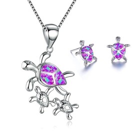 Ladies Pretty Turtle Jewellery Set For Women - Necklace Pendant & Drop Earrings - Girls Opal Enamel & Silver Plated Matching Charms - with Gift Box (purple)
