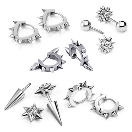 Cupimatch Assorted Men Cool Punk Biker Stainless Steel Huggie Hoop Ear Cuff Spike Rivet Stud Earrings 5 Pairs
