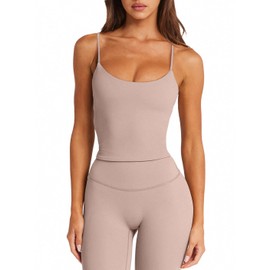 OSTAUG Built in Bra Tank Tops for Women Sports Bras Athletic Gym Tops Backless Crop Top Basic Cami Shirt Spaghetti Strap Tank Top(Oat Milk Small) Dark Pink