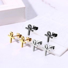 Flongo 3 Pairs Ankh Cross Stud Earrings Set Egyptian Cross Earrings Silver Gold Black Stainless Steel Ankh Earrings Stud for Women Men Girls, Stainless Steel