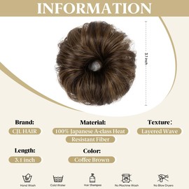 CJL HAIR 2PCs Small Cute Messy Bun Hair Piece for Thin Hair Women Girl Mini Synthetic Curly Bun Scrunchies Updo Hairpieces for Kids Coffee Brown