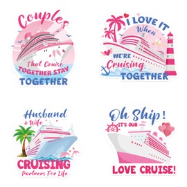 JAPBOR Cruise Door Decorations Magnetic - 4PCS Couple Magnet, Oh Ship It’s Our Love Cruise Ship Car Refrigerator Magnets Decal, Pink Anniversary Fridge Magnetic Stickers for Wedding Carnival