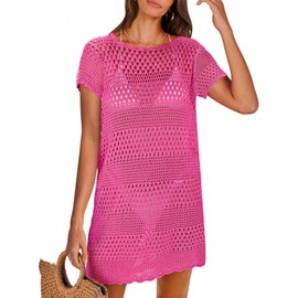 ANRABESS Women Swimsuit Crochet Swim Cover Up Summer Bathing Suit Swimwear Knit Short Sleeve Pullover 2025 Beach Dress Large Hot Pink
