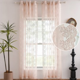 Kotile Blush Sheer Curtains 95 Inch Length for Girls Room, Country Floral Vintage Sheer Lace Curtains 2 Panels Set, Privacy Grommet Lace Curtains for Windows, 52 x 95 Inch, Blush Pink