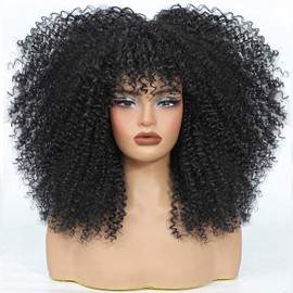 HILYBAE 16 Inch Curly Wig Afro Curly Wigs for Black Women Afro Kinky Curly Wig With Bangs Full and Fluffy Glueless Wig Synthetic Hair Replacement Wigs for Cosplay and Daily (Black)