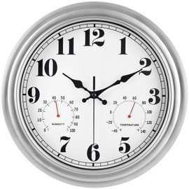 JENLYSTIME 13 Inch Outdoor Clock, Waterproof and Silent, with Thermometer and Hygrometer, Large Numbers for Easy Reading, Perfect for Home,Office,Bedroom,Kitchen,Porch,Garden,Pool(Silver)