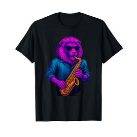 Lion Playing Saxophone Outer Space Vaporwave Jazz Galaxy T-Shirt