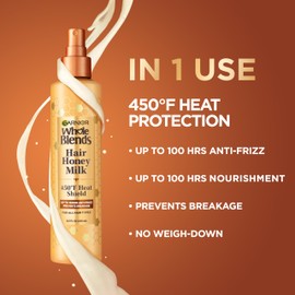 Garnier Whole Blends Hair Honey Milk 450F Heat Protectant Spray, For All Hair Types With Up To 100 Hrs of Frizz Control, 8.5 Fl Oz, 2 Count