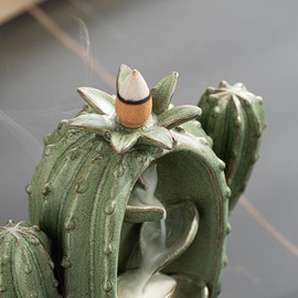 Cute Cactus Backflow Incense Burner, Green Ceramic Incense Holder Waterfall Incense Burner Cone Stick Holder for Home Decor Gift, 20pcs Incense Cones+30 Incense Sticks+1 Tweezer+1 Mat (Cactus A)