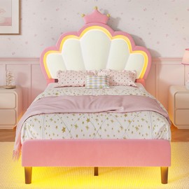 BTHFST Twin Size Bed Frame with LED Lights, Girls Twin Bed with Princess Crown, LED Velvet Upholstered Platform Bed Frame with Adjustable Headboard, No Box Spring Needed, Pink
