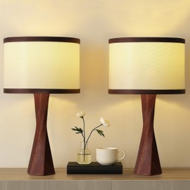Boho Table Lamps Set of 2 for Living Room,Minimalist Wood Base & Round Fabric Shade Study Desk Night Stand Light for Room, Dorm, Nursery（Include Bulbs）
