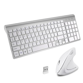2.4GHz Wireless Vertical Ergonomic Mouse and Keyboard Combo Ultra-Thin Portable Size for PC Desktop Computer Laptop Mac Tablet (White)