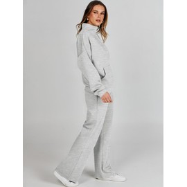 ANRABESS Women 2 Piece Outfits Sweatsuit Quarter Zip Sweatshirt Wide Leg Sweatpants Matching Lounge Set Travel Tracksuit Light Grey Medium