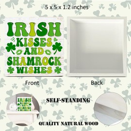 St. Patricks Day Decor Farmhouse Irish Kisses and Shamrock Wishes Wood Sign St Patricks Day Decorations Home Table Desk Decor (5 x 5 Inches)