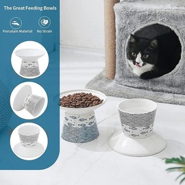 6.5-Inch Extra Wide Raised Ceramic Cat Bowl, Round Food and Water Bowl for Senior Large Felines and Small Dogs, Raised Sturdy Base Pet Feeding Tray, Stress-Free, Protects Cat's Spine - Color: Black & Blue Fish