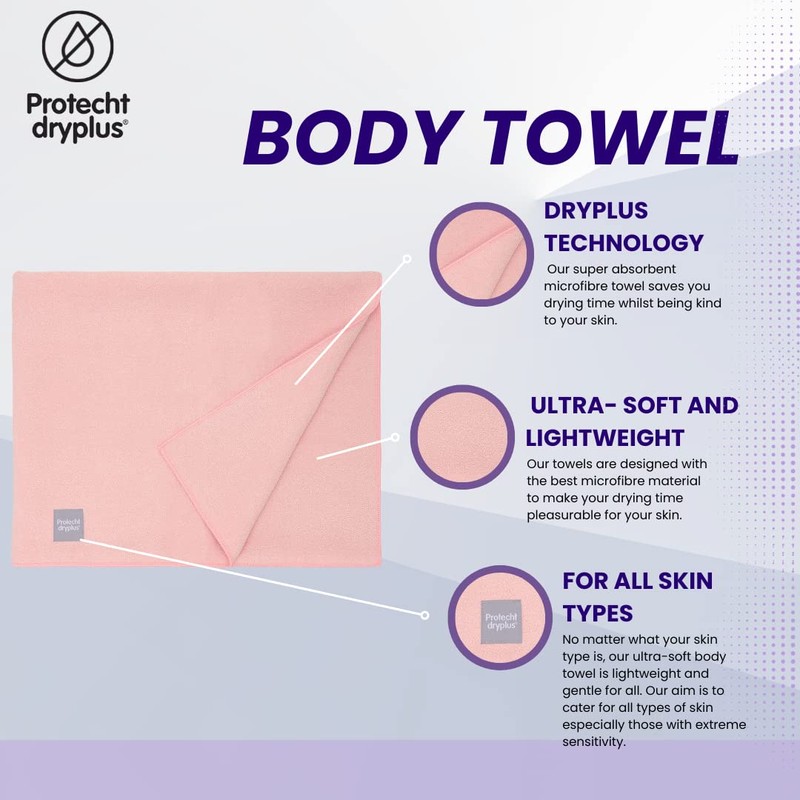 PROTECHT DRYPLUS Microfiber Body Towel - Pink | Compact, Ultra-Lightweight,