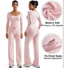 OMKAGI Womens Lounge Set Lace Square Neck Long Sleeve Tops Wide Leg Pants 2 Piece Outfits(L,212-Pink)