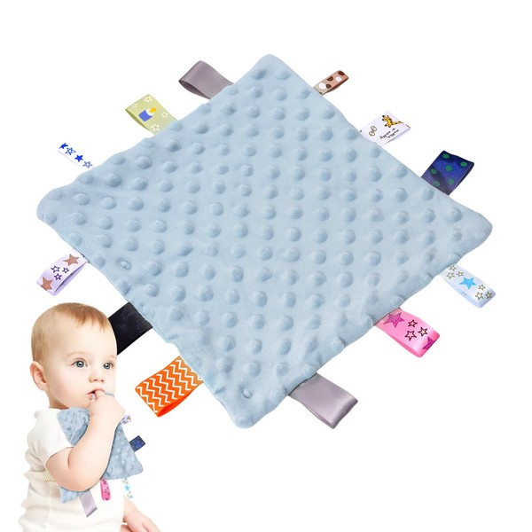 ORUZA Tag Comfort Blanket Baby, Baby Comforter with Colorful Taggies, Tag for Babies Soft Touch Comfort Blanket for Newborn Boys and Girls (Blue)