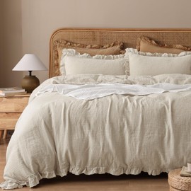 PHF 100% Natura Cotton Muslin Ruffle Duvet Cover Set King Size, Ultra Soft Breathable Absorbent, Luxurious Minimalist Gauze Bedding for All Season, Duvet Set with 2 Pillow Shams, 104" x 90", Linen