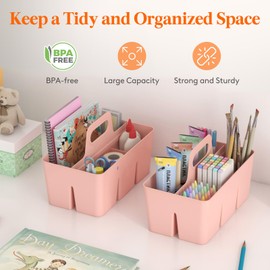 Lifewit Plastic Art Supply Storage Organizer, Divided Caddy Organizer with Handle for Craft Supplies, Cosmetics, Holds Pencil, Crayon, Brushes, Hair Product, Dorm Shower Caddy, Pink, 2Pack