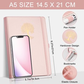 EMSHOI Notebook A5 Lined - 100gsm Hardcover Leather Journal with Sticky Notes, 192 Numbered Pages College Ruled Notebook for Women Men Work School Writing Journaling, 14.5 X 21 cm -Rose Gold