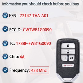 Smart Key Fob Keyless Entry Fits for Honda Accord 2018-2022 (FCC ID:CWTWB1G0090 P/N:72147-TVA-A01) Remote Control Key Replacement 5 Button