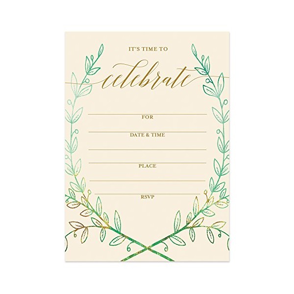 25 Rustic Laurels Invitations with Envelopes (Pack of 25) Any Occasion Large 5x7" Fill in Birthday, Anniversary, Retirement, Housewarming, Bridal Shower, Excellent Value Party Invites VI0049B