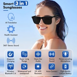Luckit Smart Glasses, AI Bluetooth Glasses with Speaker 115 Languages AI Translator Accents Real Time Translation UV Protection Polarized Lens Sunglasses Glasses for Men & Woman Gaming Meeting Travel