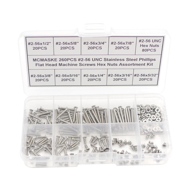 Juego surtido de 260 tornillos de cabeza plana Phillips #2-56