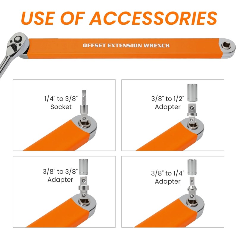 Offset Extension Wrench, Zero Degree Ratchet Extension Set Impact Ready