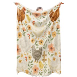 zbezbe Farmhouse Chicken Floral Flannel Blanket Hen and Chick Flannel Lightweight Blankets 60x50inch Single Sided Print Throw for Sofa Couch Bed Decor Adults and Country Style Lovers Gifts