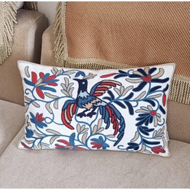 ZUODUTEX 1Pc Fire Phenix Cotton Cushion Case Blue Bird Cushion Covers 30 X 50 Cm Rectangle Navy Cushion Cover Bohemia Exotic Style Pillow Sham Embroidered Throw Pillow Cover 12 x20 Inch