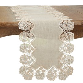 SARO LIFESTYLE Norma Collection Lace Rose Border Table Runner, 16" x 108", Natural