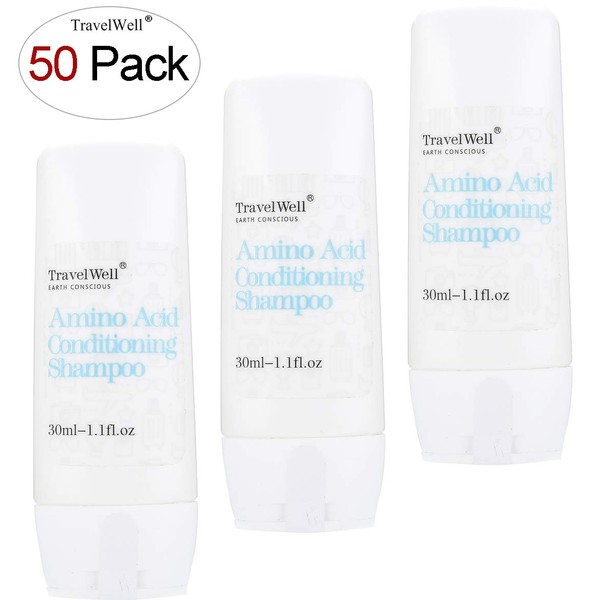 TRAVELWELL Hotel Toiletries Amenities Travel Size Guest Shampoo & Conditioner 2 in 1, 1.0 Fl Oz/30ml, Individually Wrapped 50 Bottles per Box