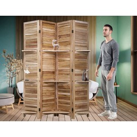 4 Panel Wood Room Dividers with Shelves Folding Privacy Screens Portable Partition Screen, 5.7 Ft Tall 5.7 Ft Wide Room Partitions and Dividers, Folding Privacy Wooden Screen with 3 Shelf