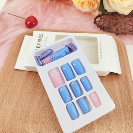 Press on Nails Medium Square Cute Pink Nails Acrylic False Nails with Flower Blue Full Cover Design Artificial Fake Nails Summer Reusable Gel Stick on Nails for Women and Girls