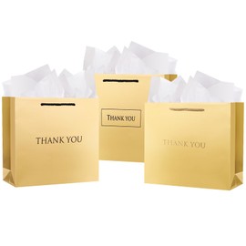 SHYRABBIT Thank You Gift Bags Three Kinds of THANK YOU Print Design Gold Paper Bag with Handles, 12.2x9.8x3.1inch Gift Bags for Small Business Wedding Bridal Shower Baby Shower 3 PACK